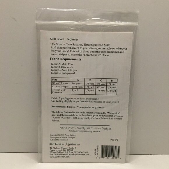 Anne Wiens Three Squares AW08 Sweetgrass Quilt Sewing Pattern Uncut 2008 - Picture 2 of 3